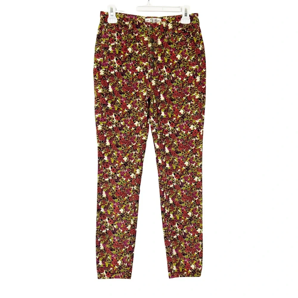 Free‎ People Floral Corduroy Skinny Pants Women's 26 Button Front Boho